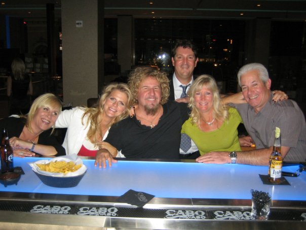 L-R: Janna Monroy, Kari Hagar, Sammy Hagar, Renata Ravina, her husband, Bill. Back row: Marco Monroy (Sam’s business partner).